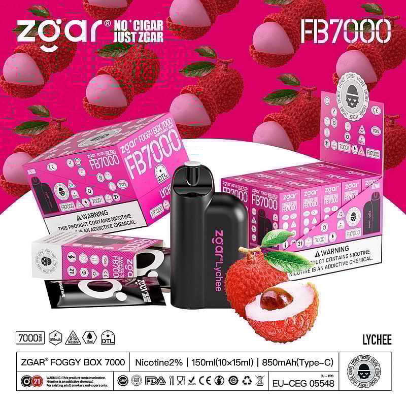 Zgar Foggy Box 7000 lychee-flavored disposable vape device with packaging, displaying product specifications and warnings about nicotine content.