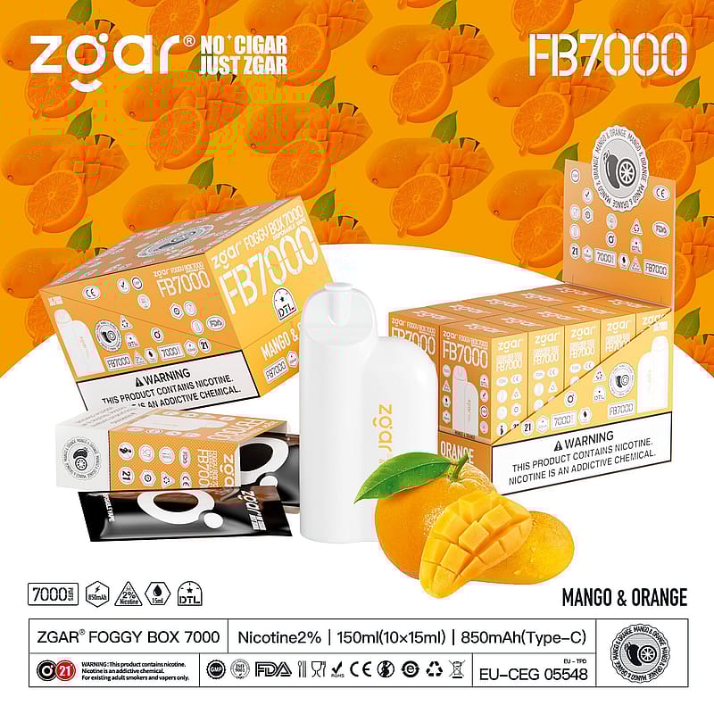 Zgar Foggy Box 7000 vape packaging with mango and orange flavor branding, including a white vape device, boxes, and fruit images against an orange background.