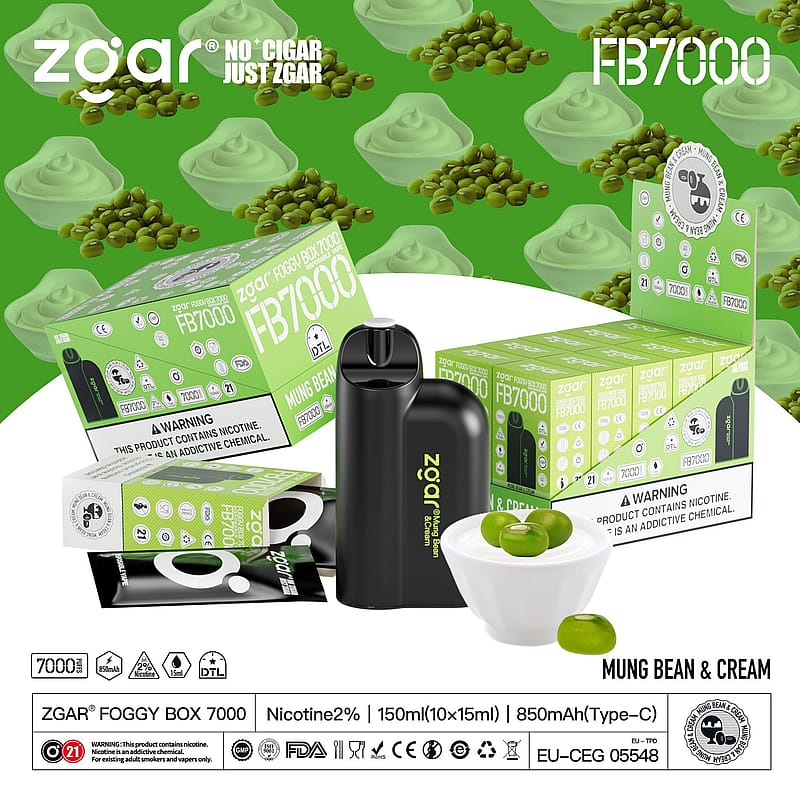 A Zgar Foggy Box 7000 vaping device and its packaging with a mung bean and cream flavor theme, showing the device, boxes, and mung beans.