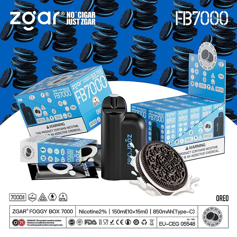 Zgar Foggy Box 7000 Oreo flavor vape packaging with multiple boxes, device, and Oreo imagery. Contains product warnings, specifications, and icons on a blue background with Oreo graphics.