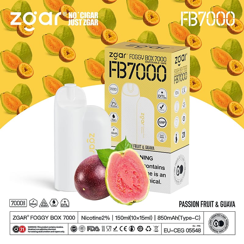 Zgar Foggy Box 7000 disposable vape packaging and device with passion fruit and guava flavor, surrounded by fruit imagery, and product details including nicotine strength and warnings.