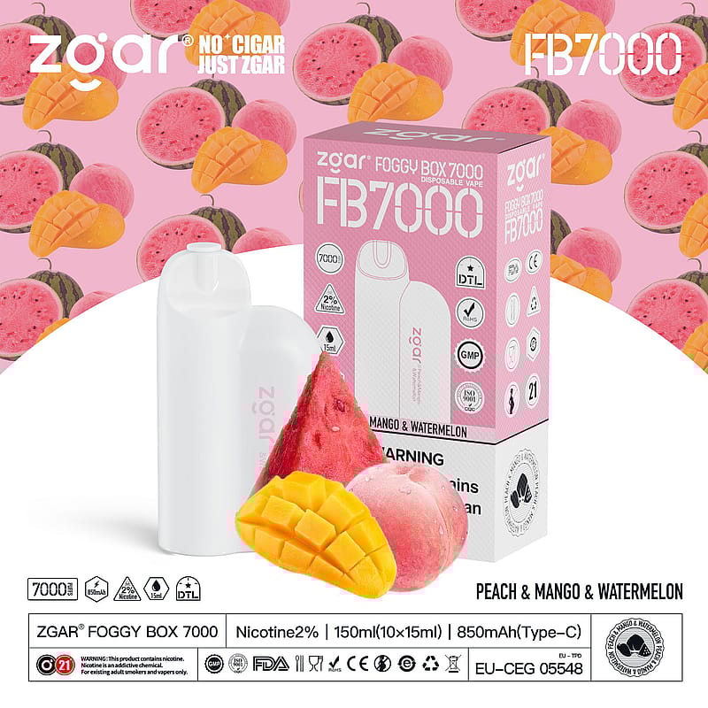 Zgar Foggy Box 7000 disposable vape with peach, mango, and watermelon flavor, featuring a white vape device, packaging box, and fruit slices on a pink background.