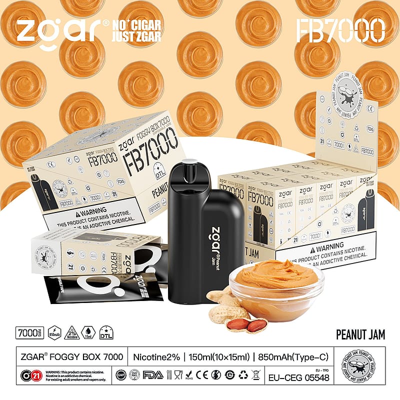 Zgar Foggy Box 7000 disposable vape with peanut jam flavor, 2% nicotine, 150ml capacity, and 850mAh battery, displayed with packaging and peanut butter background.