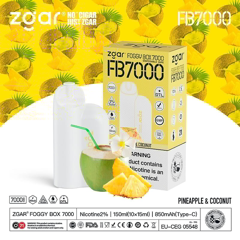 ZGAR Foggy Box 7000 disposable vape packaging in pineapple and coconut flavor, with image of vape device and tropical background.