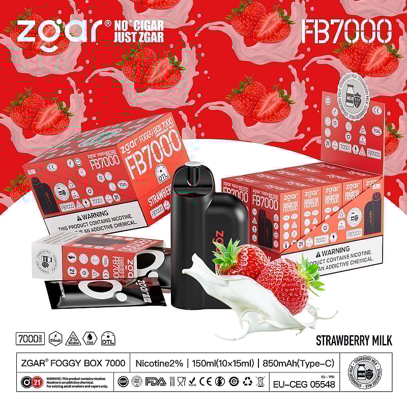 Image of Zgar's product packaging for the "Foggy Box 7000" with the flavor Strawberry Milk, showing multiple boxes, a black vape device, and illustrations of strawberries with milk. The packaging includes warnings about nicotine content and various product details.