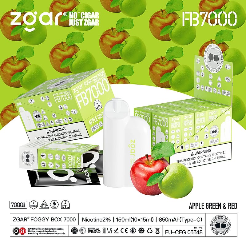 Packaging for ZGAR Foggy Box 7000 vaping device with apple green and red flavor, showing multiple boxes and the device itself, along with warning labels about nicotine content and various certification icons against a background of green and red apples.