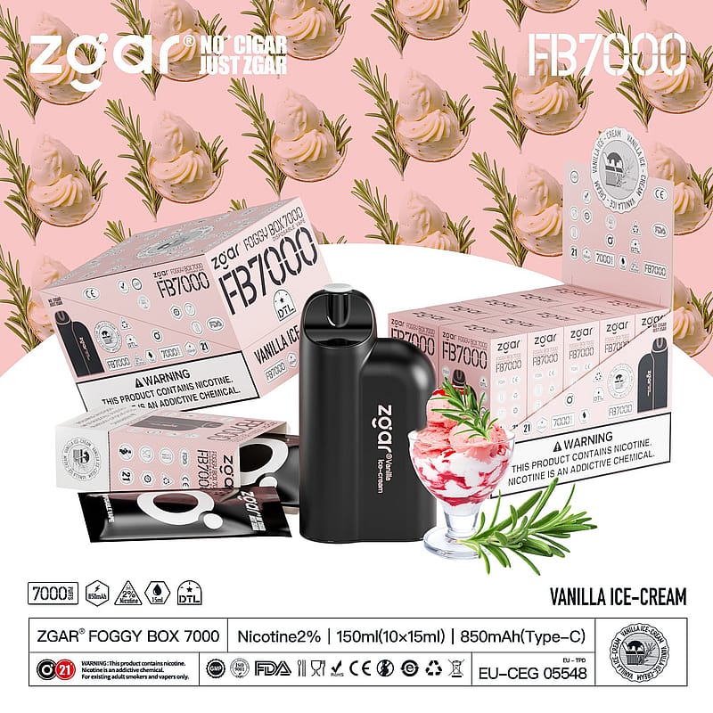 Zg'ar Foggy Box 7000 Vanilla Ice-Cream flavored e-cigarette packaging with device, warning labels, and nicotine content information.