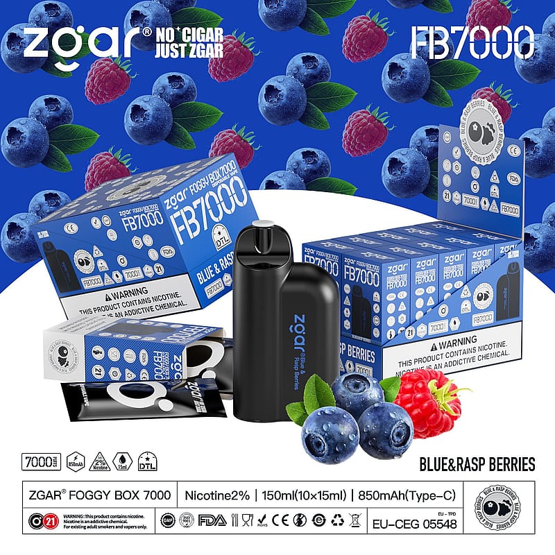 Zgar FB7000 e-cigarette packaging with blueberry and raspberry design, showcasing the Foggy Box 7000 model in Blue & Rasp Berries flavor. Contains 150ml, 2% nicotine, and an 850mAh battery.