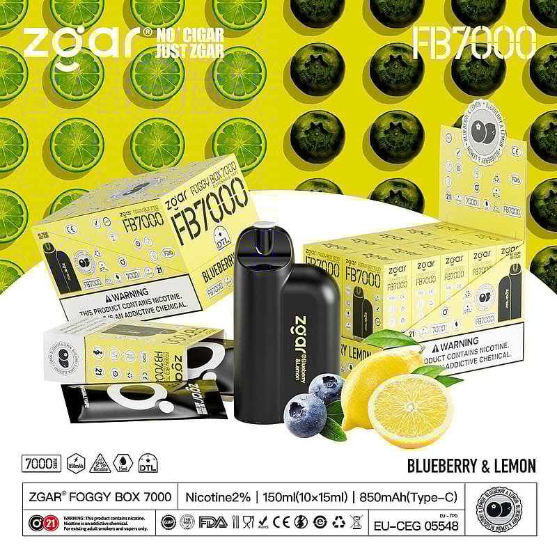 A black vaping device labeled "Zgar Blueberry & Lemon" surrounded by blueberry and lemon images with product boxes in the background.