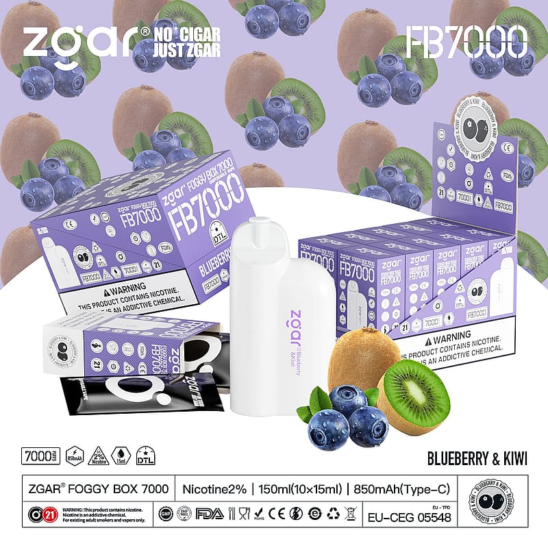 Zgar FB7000 Foggy Box vape packaging in Blueberry & Kiwi flavor, featuring purple boxes, a white vape device, and images of blueberries and kiwi.