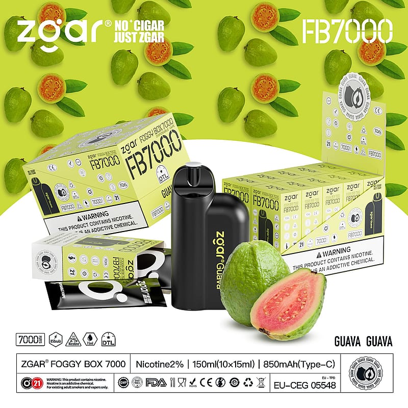 Zgar Foggy Box 7000 disposable vape packaging with guavas, featuring 2% nicotine, 150 ml capacity, and 850 mAh battery.