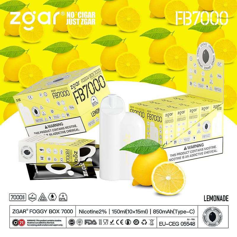 ZGAR Foggy Box 7000 Lemonade flavor e-cigarette packaging with a white vape device, surrounded by lemons on a yellow background. Text indicates product specifications and nicotine warning.