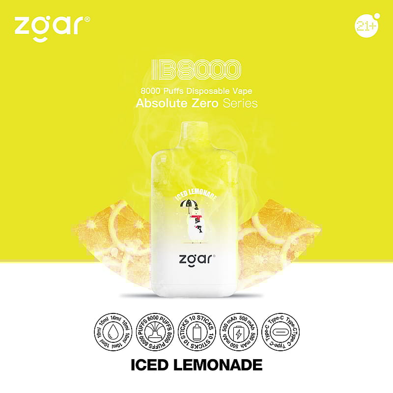 "Vape jetable Zgar IB8000 Absolute Zero Series au goût de limonade glacée avec 8000 bouffées et une batterie rechargeable de 500 mAh."