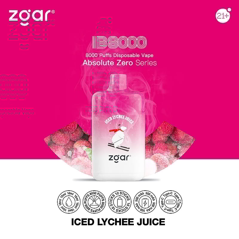 Image promotionnelle d'une vape jetable Zgar LB8000 de la série Absolute Zero, présentant une saveur de jus de litchi glacé, avec un texte détaillant les spécifications et un arrière-plan de fruit de litchi.