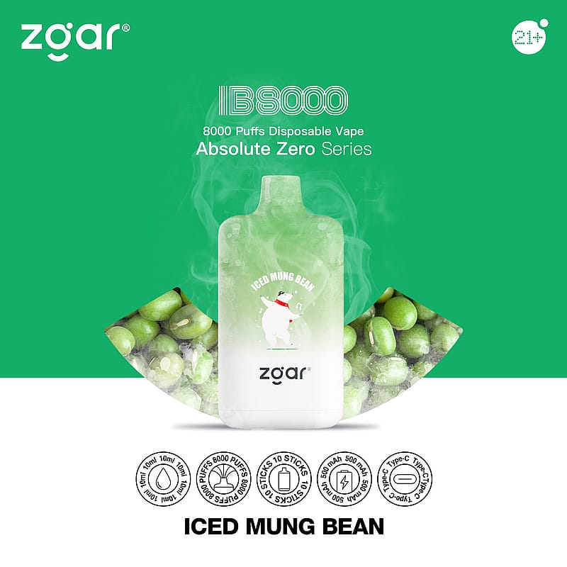 Appareil à vapotage jetable avec l'étiquette « Zgar LB8000 Absolute Zero Series, saveur Iced Mung Bean », avec un design vert avec des haricots mungo et une icône d'ours polaire. L'appareil offre 8000 bouffées, une capacité de liquide de 10 ml, une batterie de 500 mAh et un chargement de type C.