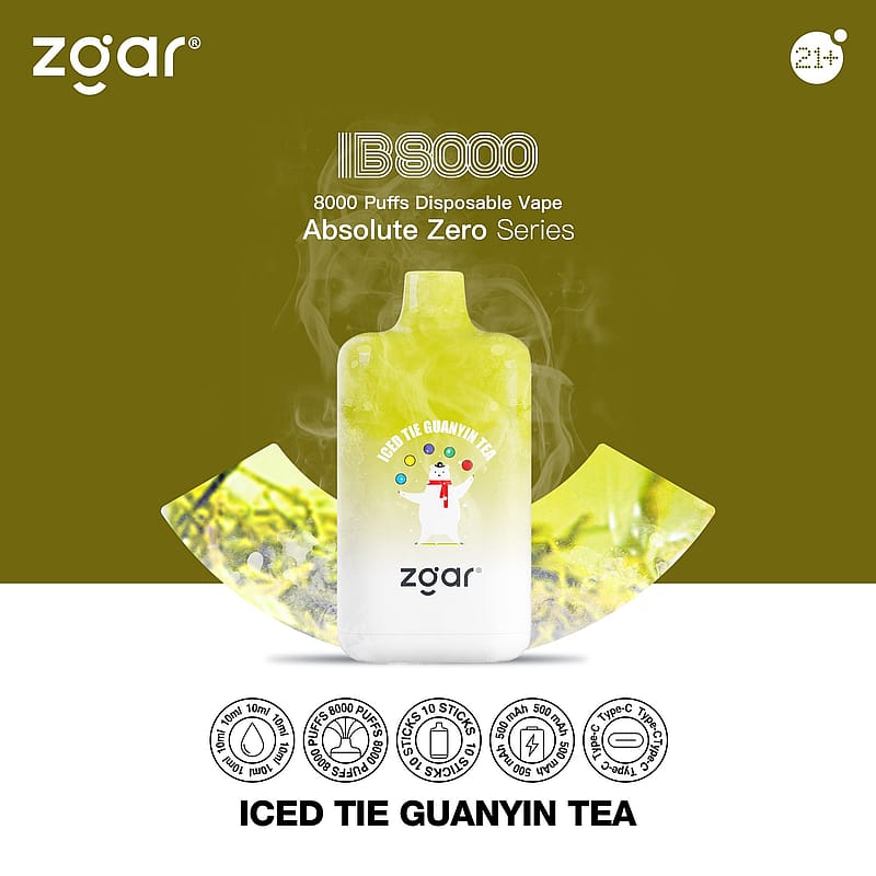 Appareil à vapotage jetable de la marque « zgar » avec la saveur « Iced Tie Guanyin Tea » de la série Absolute Zero, offrant 8 000 bouffées. L'appareil est représenté en vert et blanc avec une illustration d'un ours.