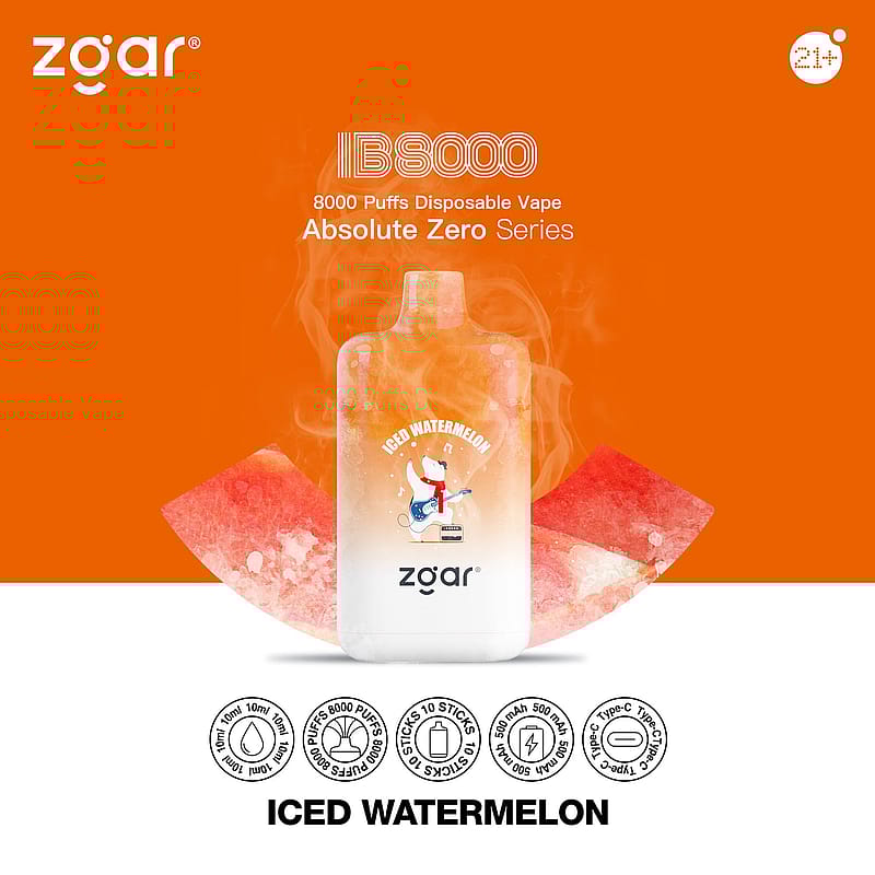 Vape jetable Zgar IB8000 au goût de pastèque glacée, faisant partie de la série Absolute Zero, offrant 8000 bouffées.