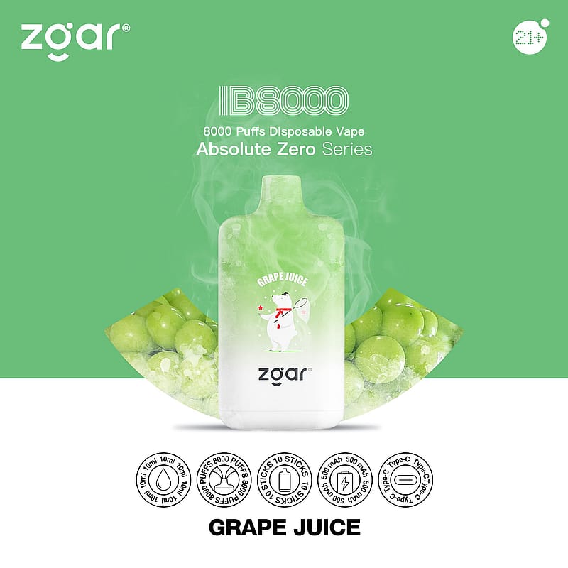 Zgar IB8000 8000 Puffs Vape jetable Série Absolute Zero avec saveur de jus de raisin, fond vert, image de raisins verts.