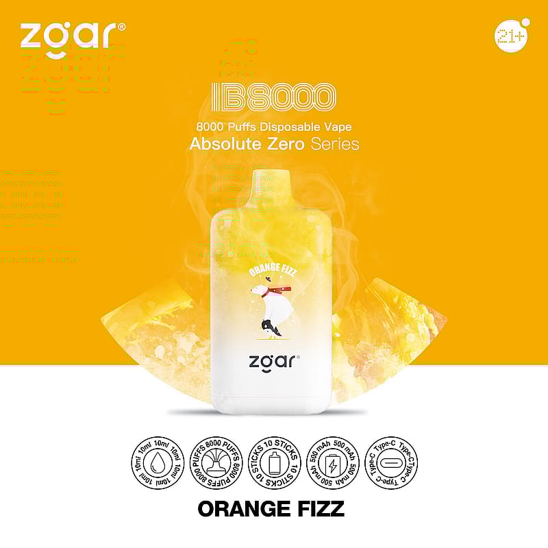 Vape jetable Zgar LB8000 au goût « Orange Fizz », avec une illustration d'ours polaire et des détails sur le produit tels que 8000 bouffées, 10 ml d'e-liquide, 50 mg de nicotine, une batterie de 500 mAh et un chargement USB Type-C.