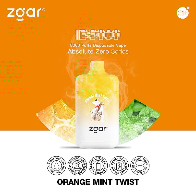 Zgar IB8000 Orange Mint Twist Vape jetable 8000 bouffées Série Absolute Zero, restriction d'âge 21+, avec des images de tranches d'orange et de feuilles de menthe.