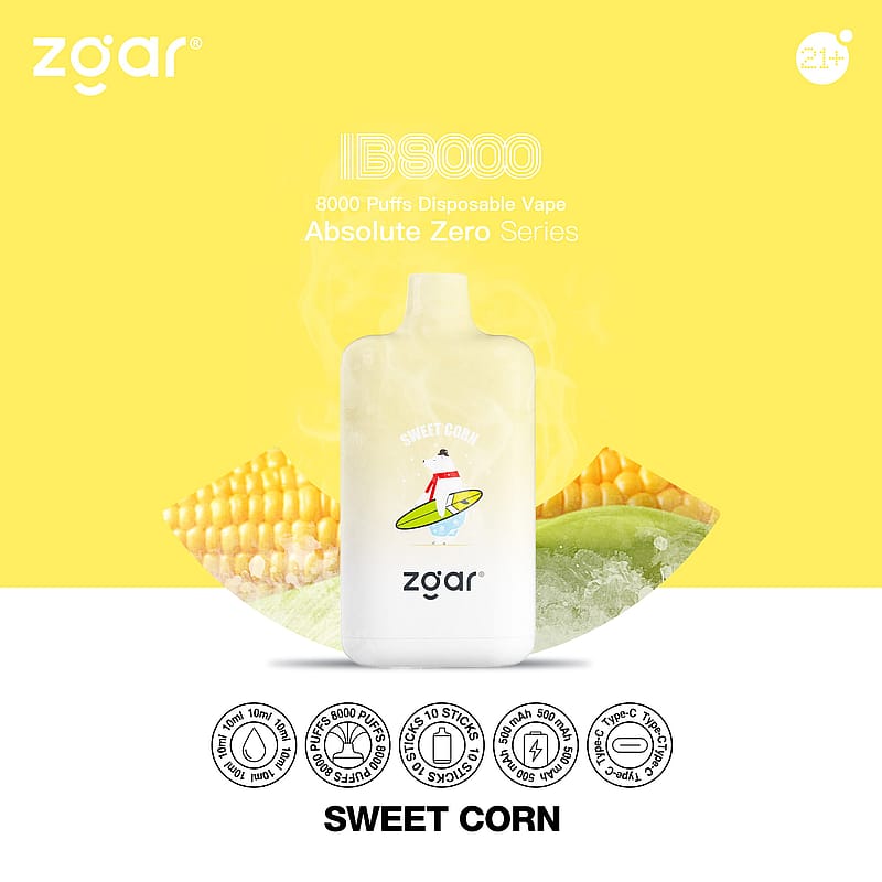 Vape jetable Zgar IB8000 au goût de maïs sucré, avec une illustration d'un ours en train de surfer sur le devant. L'appareil est entouré de tranches de maïs et de melon, indiquant la saveur.