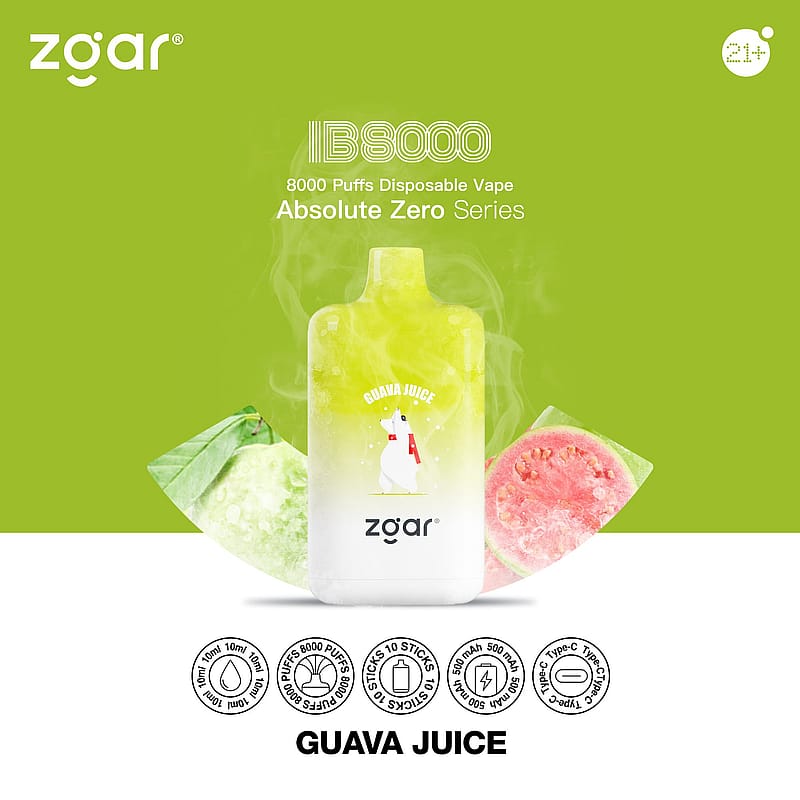Vape jetable Zgar IB8000 au goût de jus de goyave de la série Absolute Zero, dotée de 8000 bouffées et d'une batterie de 500 mAh.
