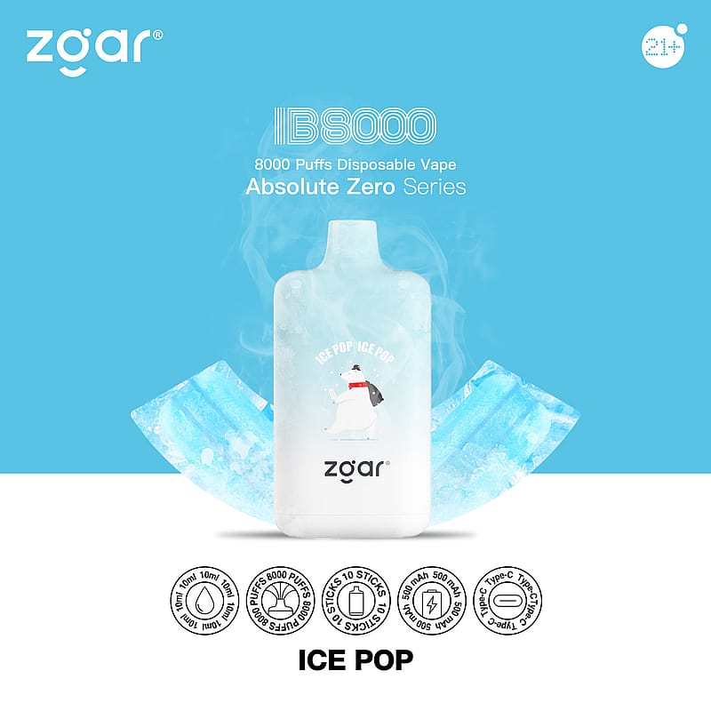 Vape jetable Zgar IB8000 avec 8000 bouffées, série Absolute Zero, saveur "Ice Pop", avec un graphisme d'ours polaire, capacité d'e-liquide de 10 ml, batterie rechargeable de 500 mAh avec chargement USB Type-C.