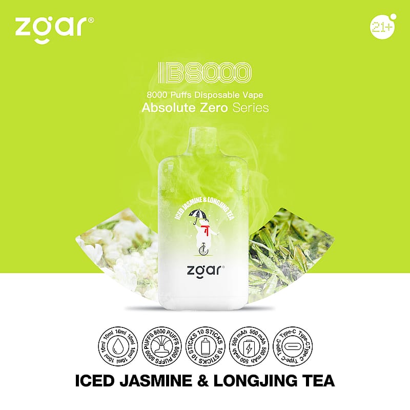 Vape jetable Zgar IB8000 au goût de jasmin glacé et de thé Longjing, avec 8000 bouffées et une capacité de 10 ml, faisant partie de la série Absolute Zero, sur fond vert avec des icônes de produits.