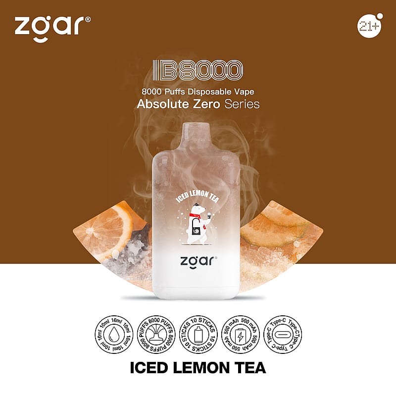 Vape jetable Zgar LB8000 au goût de thé glacé au citron, avec un graphisme d'ours polaire et des détails sur le produit, notamment 8 000 bouffées, un e-liquide de 10 ml, une batterie de 500 mAh, un chargement de type C et la marque Absolute Zero Series.