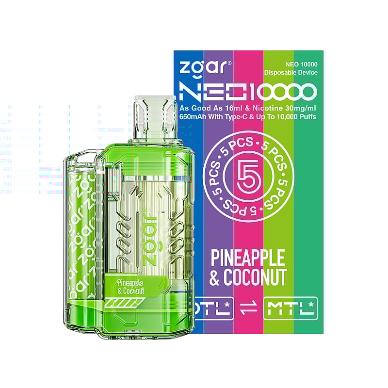 A disposable vaping device labeled "Zgar NEO10000" in Pineapple & Coconut flavor, with a colorful box indicating 10,000 puffs, 30mg/ml nicotine, and 650mAh battery capacity with Type-C charging.