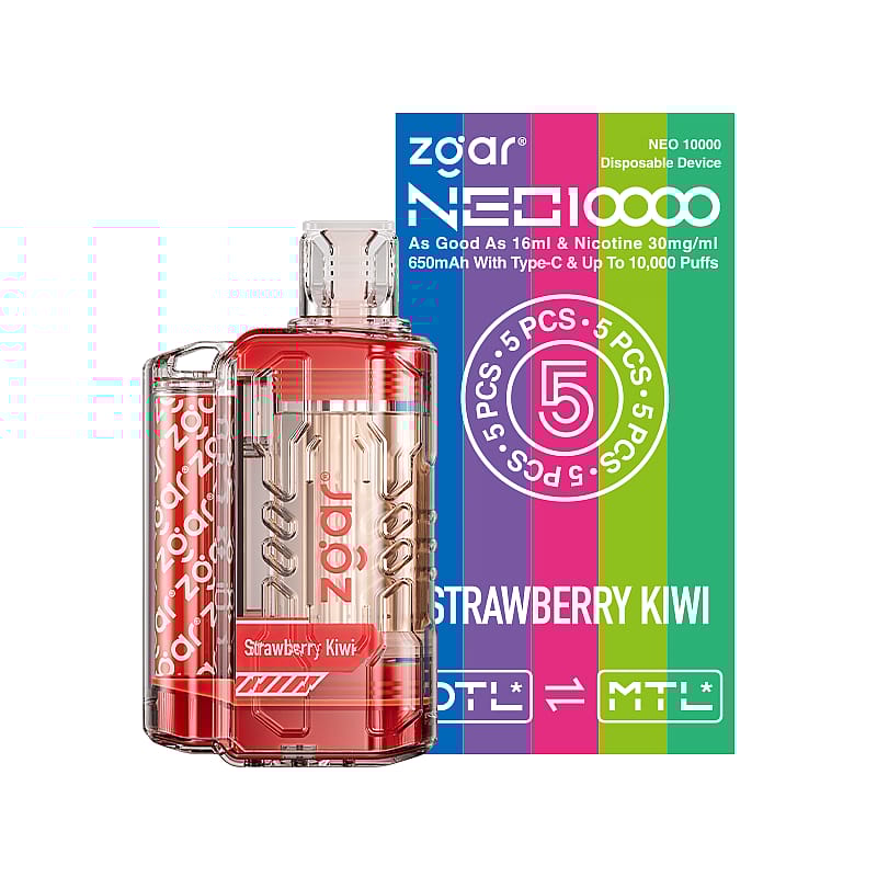 A disposable vape device with the brand name "zgar NEO 10000" in Strawberry Kiwi flavor, featuring a transparent red design and packaging that highlights a 5-piece pack with up to 10,000 puffs.