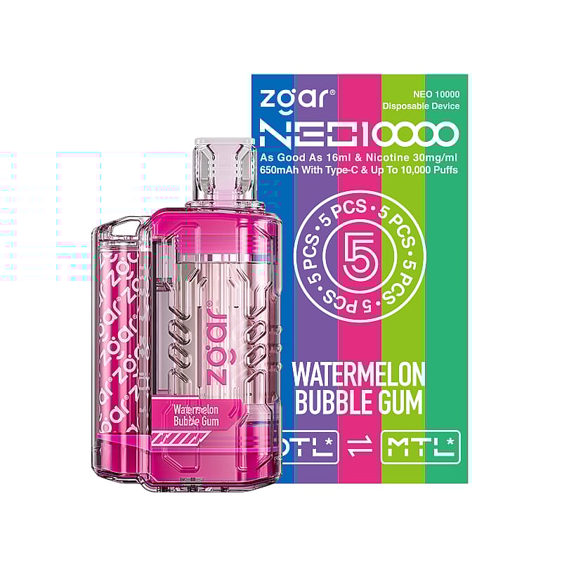 Zgar NEO10000 disposable device in watermelon bubble gum flavor with colorful packaging stating 16ml, 30mg/ml nicotine, 650mAh battery, Type-C, and up to 10,000 puffs.