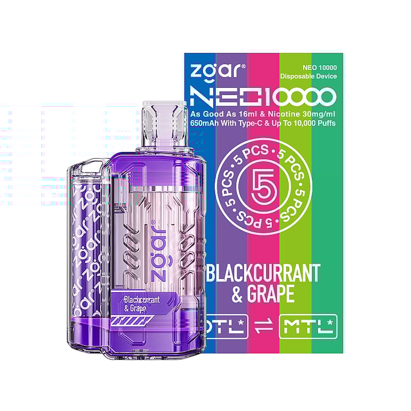 Purple ZGAR Neo 10000 disposable vape device in front of a colorful box labeled "Blackcurrant & Grape" with specifications of 650mAh, Type-C charging, and up to 10,000 puffs.