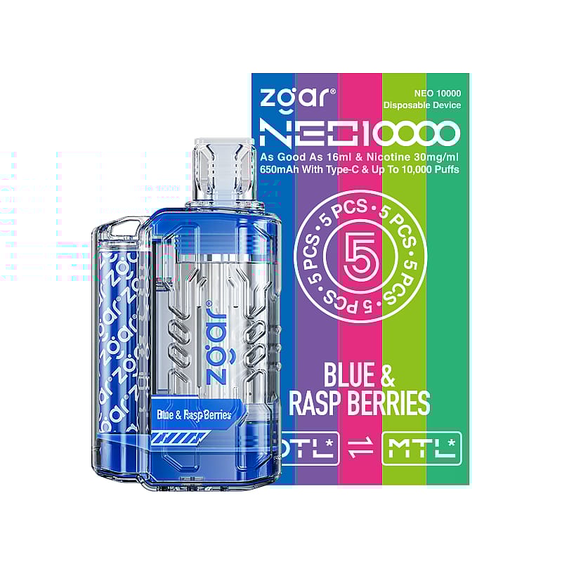 A ZQAR NEO 10000 disposable vaping device in blue with the flavor "Blue & Rasp Berries," shown with its colorful packaging.