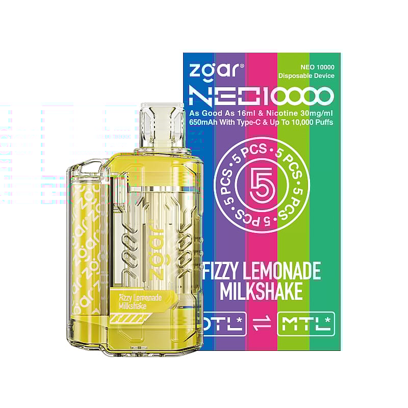 Disposable vape device packaging with a yellow vape labeled "zgar NEO 10000" in "Fizzy Lemonade Milkshake" flavor. The packaging features colorful sections and text highlighting its 650mAh battery, Type-C charging, and up to 10,000 puffs capacity.