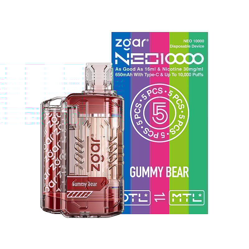 Disposable vape device packaging labeled "Zgar Neo 10000" with "Gummy Bear" flavor, featuring a transparent red device and colorful box design.