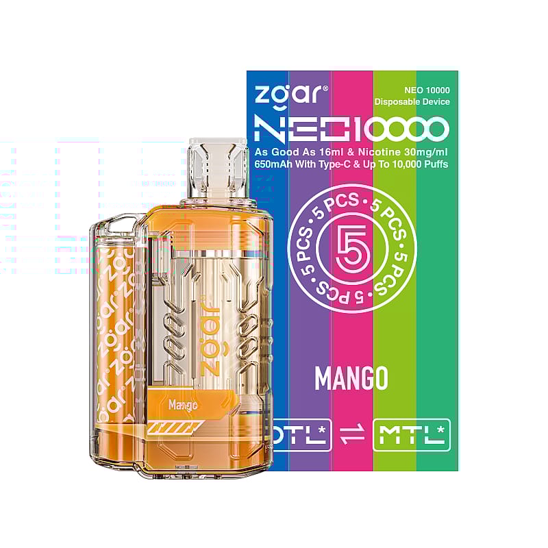 Clear disposable vape device with orange liquid and "Zgar" branding, labeled "Mango," in front of a colorful box displaying the product name "Neo 10000" and details like 650mAh, 30mg/ml nicotine, and up to 10,000 puffs.
