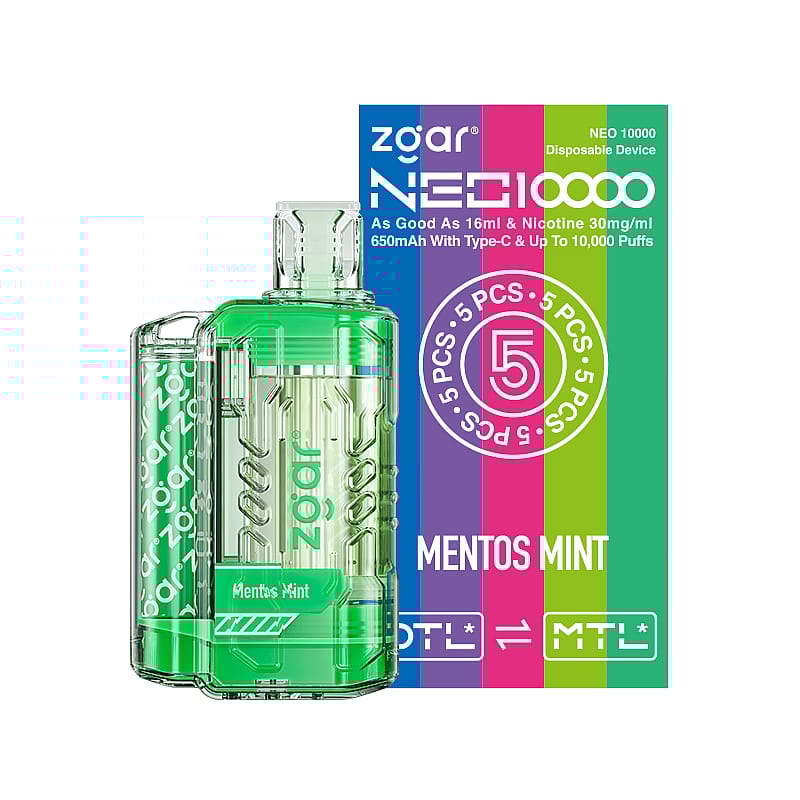 Green disposable vaping device with "Mentor Mint" flavor displayed next to colorful packaging box labeled "Neo 10000" with specifications and "5 PCS" text.