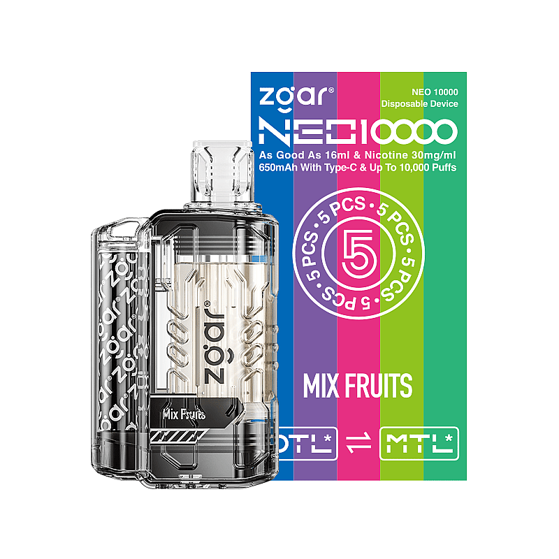 Zgar NEO 10000 disposable device with Mix Fruits flavor, 650mAh battery, Type-C charging, and up to 10,000 puffs, displayed against a colorful background reading "5 PCS."