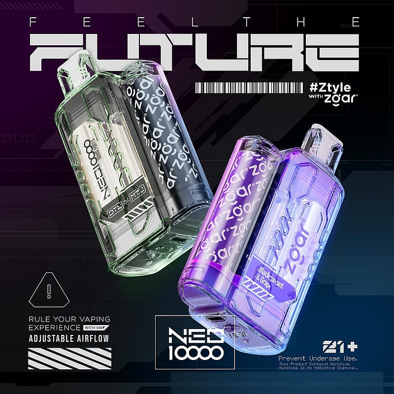 Two futuristic-looking vape devices with text "NEO 10000" and "zgagr". The text "FEEL THE FUTURE" and "#Ztyle" with a barcode are in the background. Text below indicates adjustable airflow and an age restriction of 21+.
