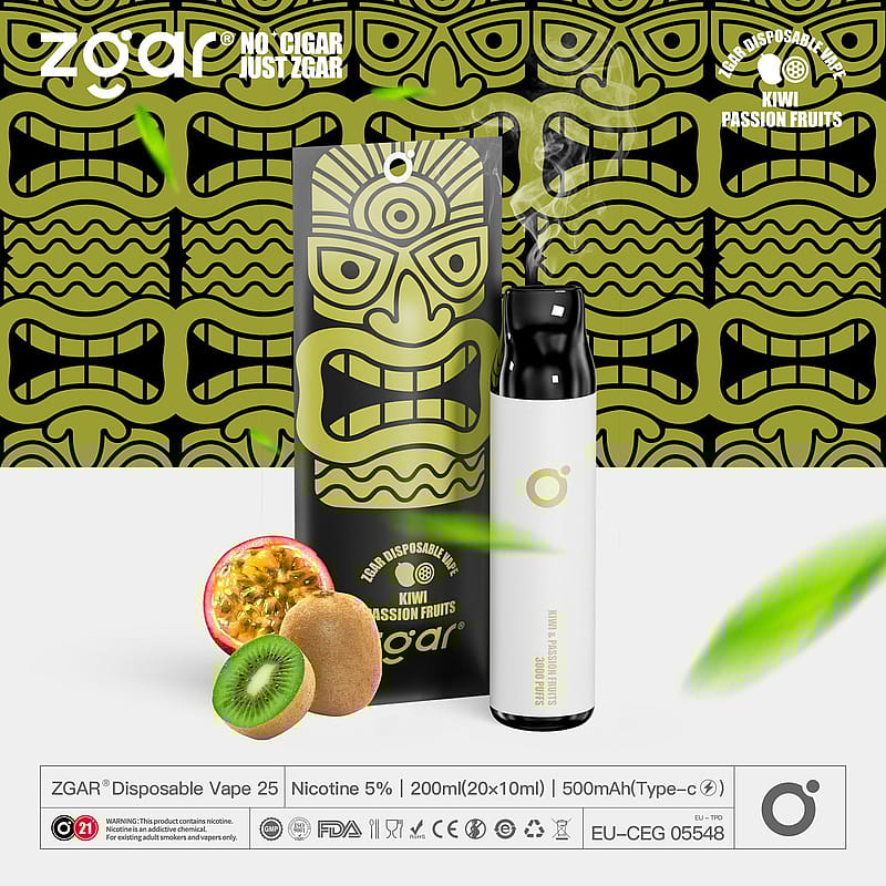 Dispositivo da svapo monouso con design ispirato al Tiki, etichettato "ZGAR Disposable Vape 25" al gusto di kiwi e frutto della passione. L'immagine mostra il dispositivo, i frutti e i dettagli del prodotto.