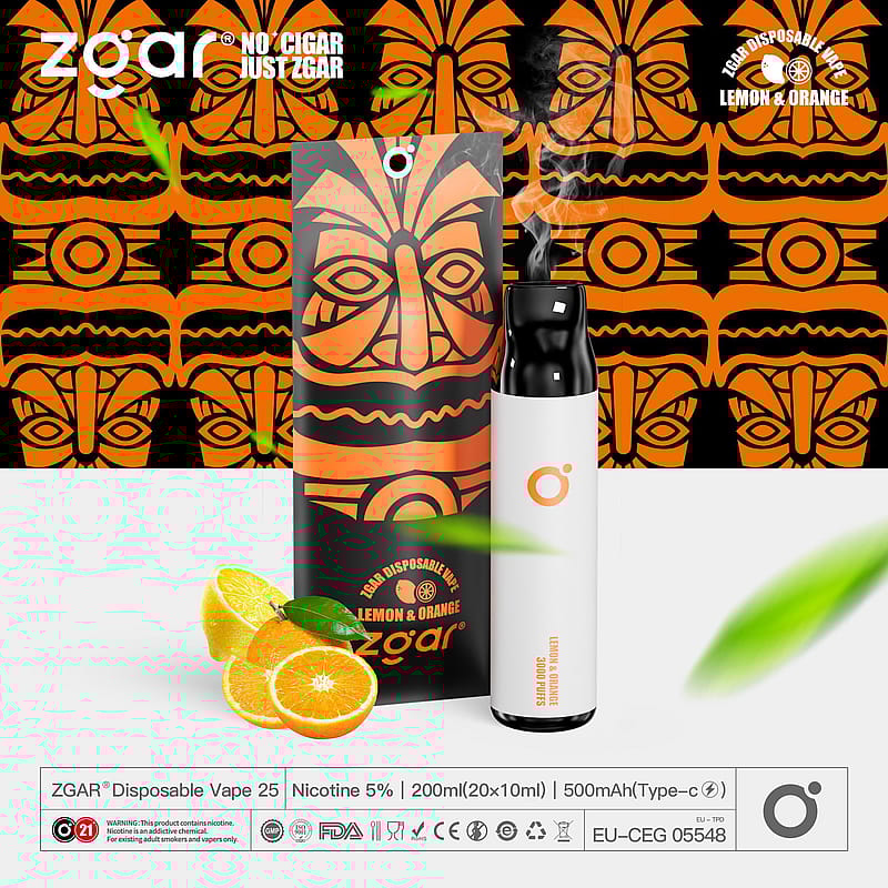 Vape monouso Zgar con confezione al gusto di limone e arancia, caratterizzata da un design a maschera tribale arancione e da fresche fette di agrumi.