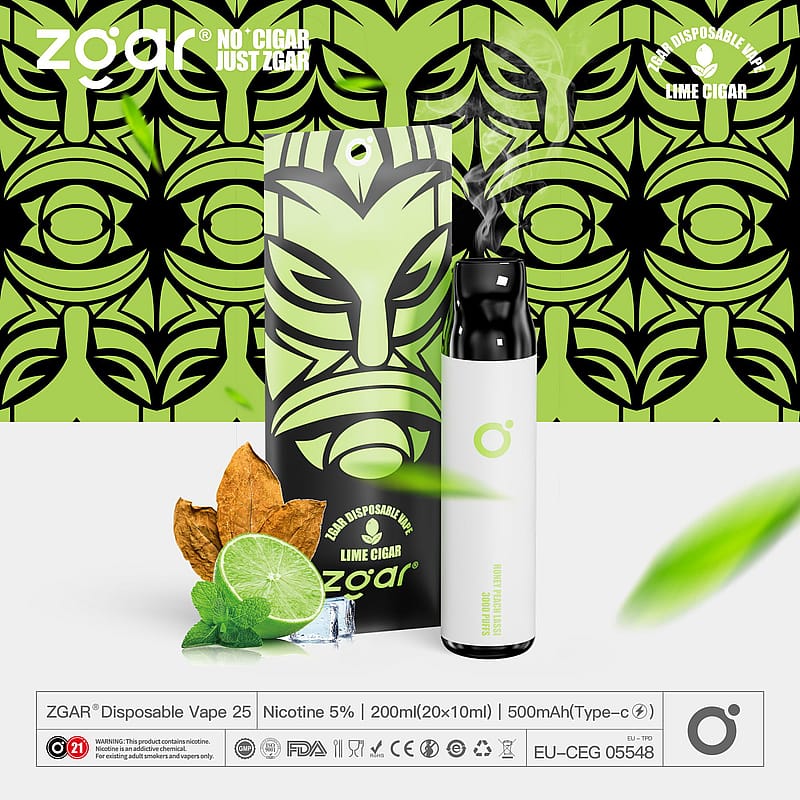 La confezione monouso di ZGAR presenta un aroma di sigaro al lime, con un disegno stilizzato del viso verde, lime fresco, foglie di menta, tabacco e le specifiche del prodotto che includono 5% di nicotina, 200ml di capacità e batteria da 500mAh.