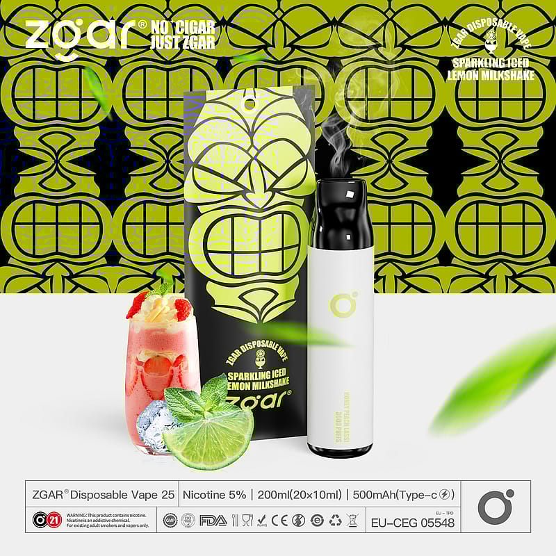Confezione monouso Zgar vape Sparkling Iced Lemon Milkshake con dispositivo di vaporizzazione, fetta di lime e bicchiere da milkshake.