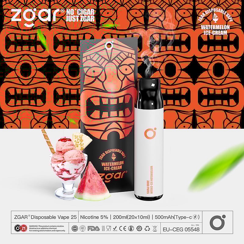 Vape monouso Zgar al gusto di gelato all'anguria, presentato con una confezione caratterizzata da un audace design di ispirazione tribale e da immagini di gelato e fette di anguria.