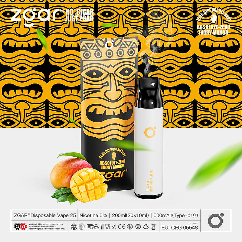 Confezione monouso per vape ZGAR al gusto di mango avorio con disegno di maschera tribale, fette di mango fresco e foglie.