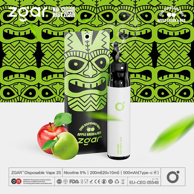 Confezione monouso ZGAR al gusto di mela verde e rossa, con design a maschera tribale e specifiche del prodotto che includono nicotina 5%, capacità di 200ml e batteria da 500mAh.