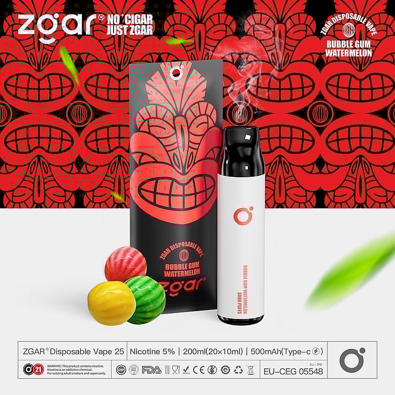 Confezione monouso per vape ZGAR al gusto Bubble Gum Watermelon, con un audace design rosso e nero.