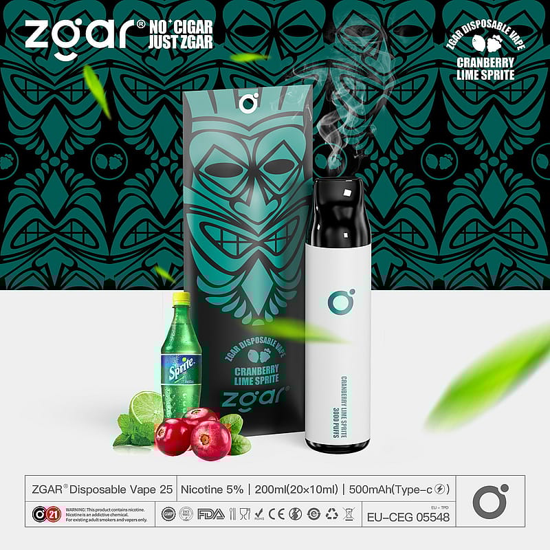 Vape monouso Zgar, gusto Cranberry Lime Sprite, visualizzato accanto a una bottiglia di Sprite, mirtilli rossi e lime, con un disegno a tema tiki sullo sfondo.