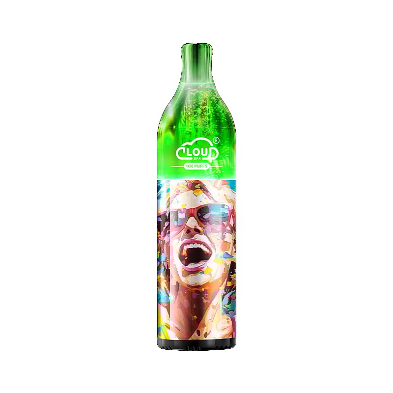Grön vape penna med "Cloud Bar" varumärke och färgglad illustration av en person som bär solglasögon på den nedre halvan.